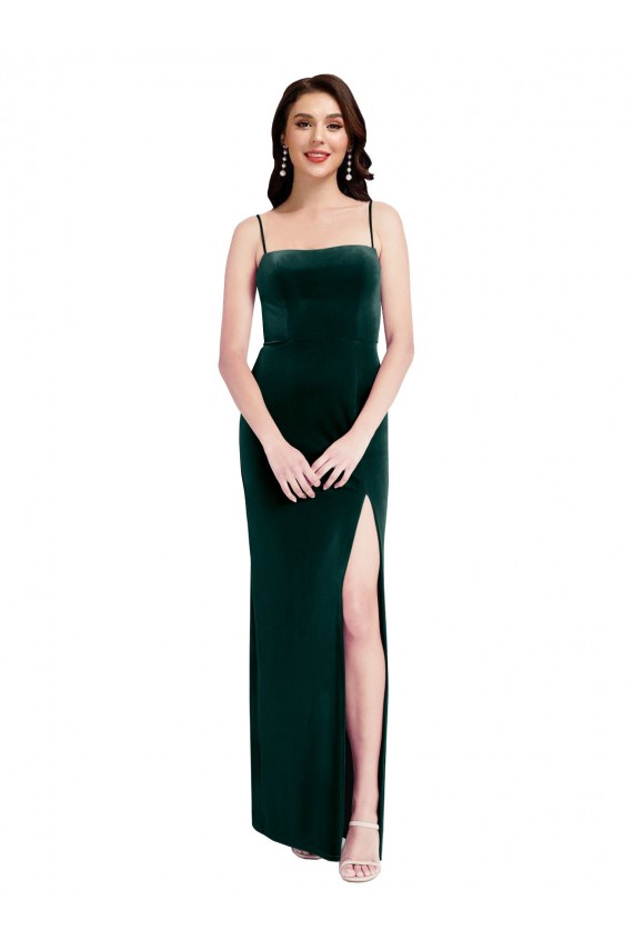 Vert foncé Fourreau Bretelles spaghetti Col Carré Velours Stretch Longue Robes demoiselle d'honneur / Robes de bal à Vendre
