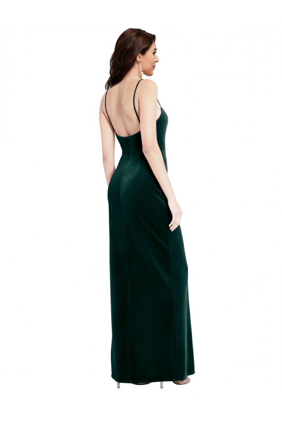 Vert foncé Fourreau Bretelles spaghetti Col Carré Velours Stretch Longue Robes demoiselle d'honneur / Robes de bal à Vendre