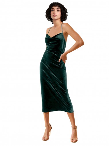 Vert foncé Fourreau Bretelles spaghetti midi Velours Stretch Courte Robes demoiselle d'honneur / Robes de soirée / Robes de cocktail à Vendre