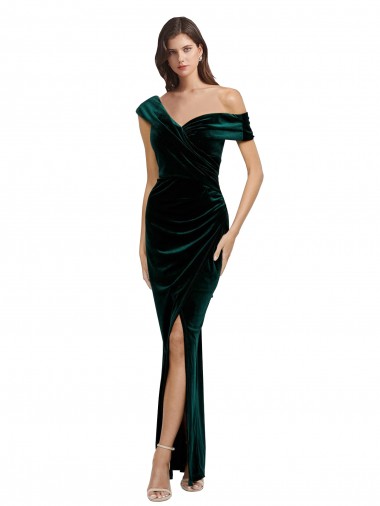 Vert foncé Fourreau Épaule Dénudée Velours Stretch Longue Asymétrique Formelles Robes demoiselle d'honneur / Robes de soirée / Robes de bal à Vendre