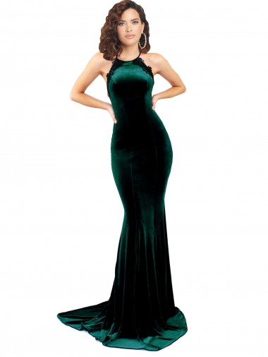 Vert foncé Sirène Col Haut Balayage train Velours Stretch Longue Formelles Robes demoiselle d'honneur / Robes de soirée / Robes de bal à Vendre