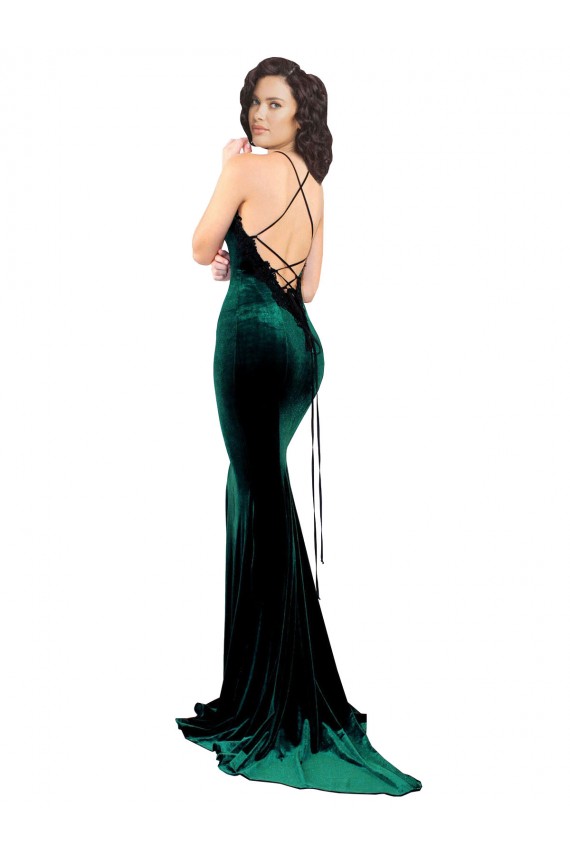 Vert foncé Sirène Col Haut Balayage train Velours Stretch Longue Formelles Robes demoiselle d'honneur / Robes de soirée / Robes de bal à Vendre