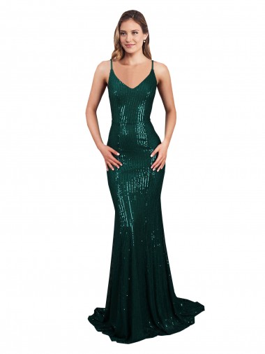 Vert foncé Sirène Col V Paillette Longue Formelles Robes demoiselle d'honneur / Robes de soirée / Robes de bal à Vendre