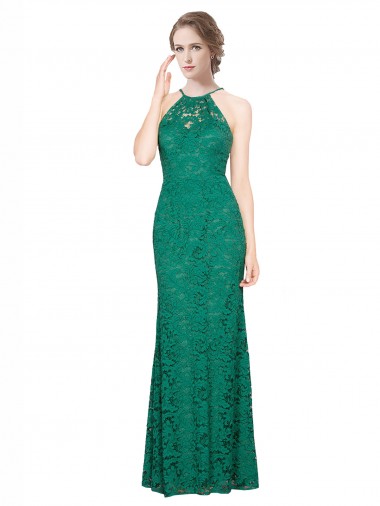 Vert foncé Sirène Licou Col Haut Dentelle Longue Robes demoiselle d'honneur / Robes de bal à Vendre