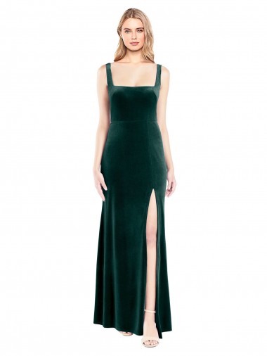 Vert foncé Trapèze Col Carré Velours Stretch Longue Robes demoiselle d'honneur / Robes de bal à Vendre