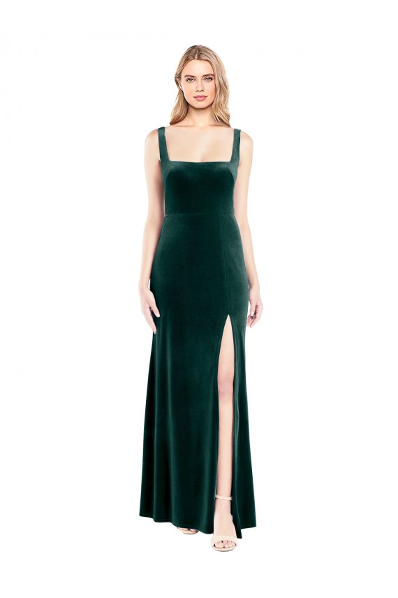 Vert foncé Trapèze Col Carré Velours Stretch Longue Robes demoiselle d'honneur / Robes de bal à Vendre