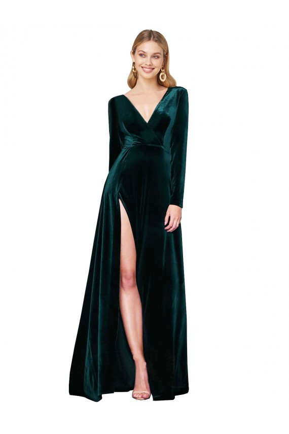 Vert foncé Trapèze Col V Balayage train Velours Stretch Longue Formelles Robes demoiselle d'honneur / Robes de soirée / Robes de bal à Vendre