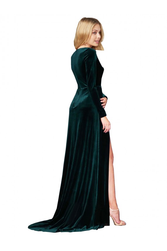 Vert foncé Trapèze Col V Balayage train Velours Stretch Longue Formelles Robes demoiselle d'honneur / Robes de soirée / Robes de bal à Vendre