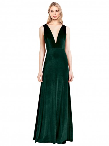 Vert foncé Trapèze Col V Velours Stretch Longue Formelles Robes demoiselle d'honneur / Robes de soirée / Robes de bal à Vendre