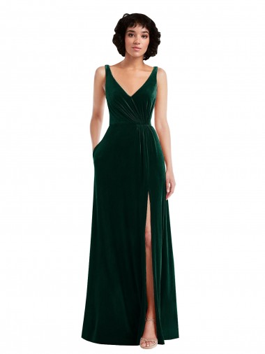 Vert foncé Trapèze Col V Velours Stretch Longue Robes demoiselle d'honneur / Robes de bal à Vendre