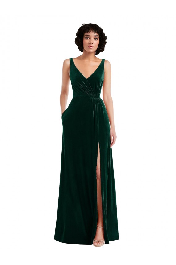 Vert foncé Trapèze Col V Velours Stretch Longue Robes demoiselle d'honneur / Robes de bal à Vendre