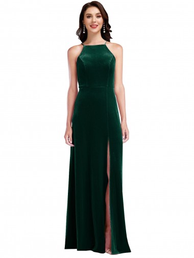Vert foncé Trapèze Licou Col Haut Velours Stretch Longue Robes demoiselle d'honneur / Robes de bal à Vendre
