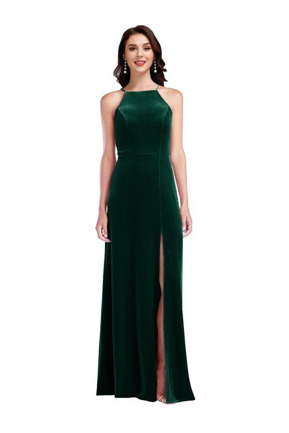 Vert foncé Trapèze Licou Col Haut Velours Stretch Longue Robes demoiselle d'honneur / Robes de bal à Vendre