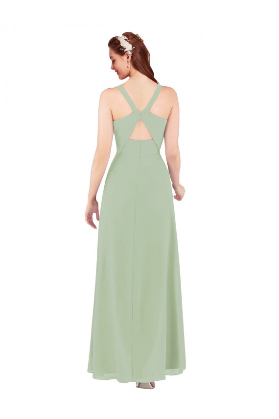 Vert fumée Fourreau Col V Mousseline Longue Robes demoiselle d'honneur à Vendre