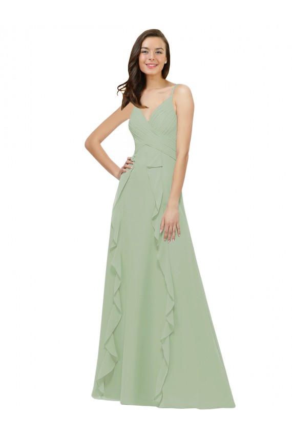 Vert fumée Trapèze Bretelles spaghetti Col V Mousseline Longue Robes demoiselle d'honneur à Vendre