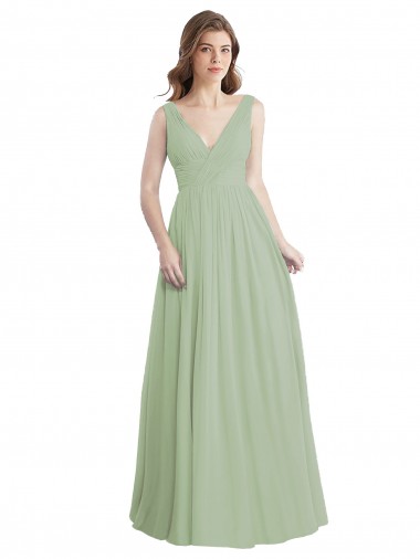 Vert fumée Trapèze Col V Mousseline Longue Robes demoiselle d'honneur à Vendre