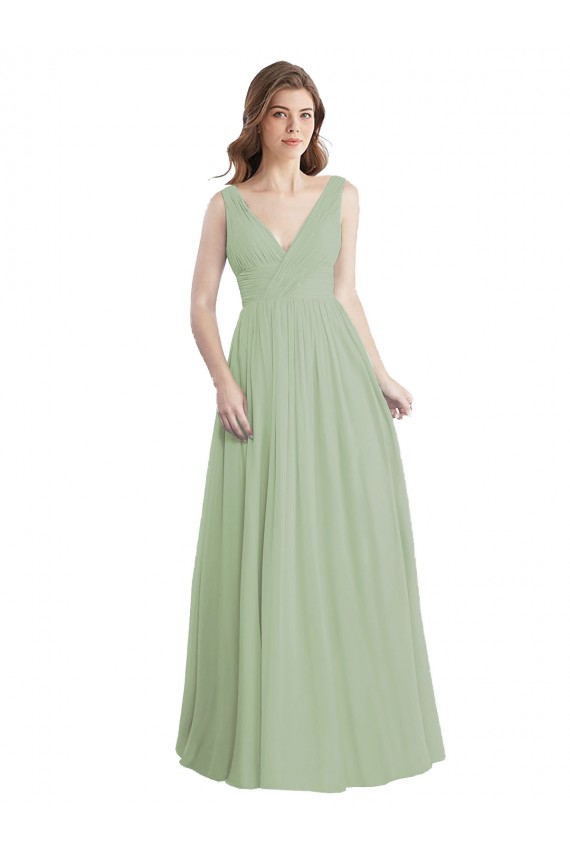 Vert fumée Trapèze Col V Mousseline Longue Robes demoiselle d'honneur à Vendre