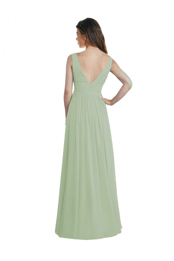 Vert fumée Trapèze Col V Mousseline Longue Robes demoiselle d'honneur à Vendre