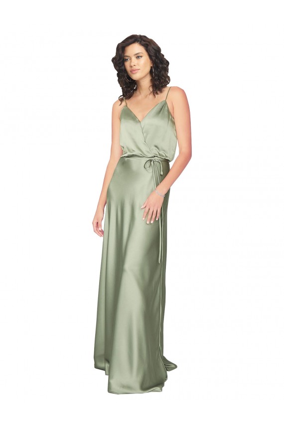 Vert fumée Trapèze Col V Satiné Soyeux Longue Formelles Robes demoiselle d'honneur / Robes de soirée à Vendre