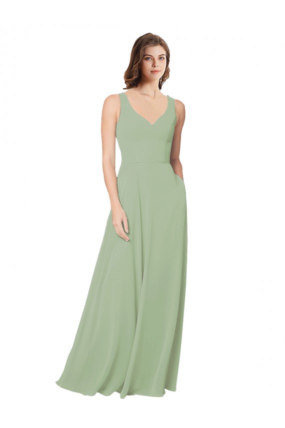 Vert fumée Trapèze Mousseline Longue Robes demoiselle d'honneur à Vendre