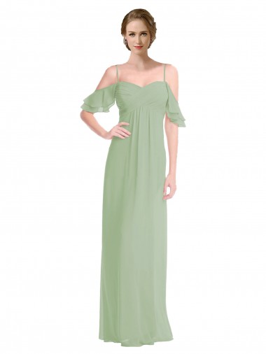 Vert fumée Trapèze Épaule Dénudée Bretelles spaghetti Mousseline Longue Robes demoiselle d'honneur à Vendre