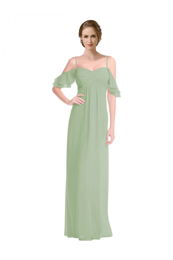 Vert fumée Trapèze Épaule Dénudée Bretelles spaghetti Mousseline Longue Robes demoiselle d'honneur à Vendre