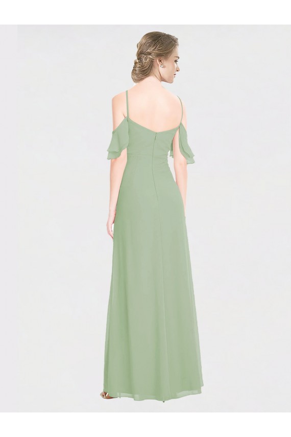 Vert fumée Trapèze Épaule Dénudée Bretelles spaghetti Mousseline Longue Robes demoiselle d'honneur à Vendre