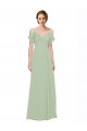 Vert fumée Trapèze Épaule Dénudée Bretelles spaghetti Mousseline Longue Robes demoiselle d'honneur à Vendre