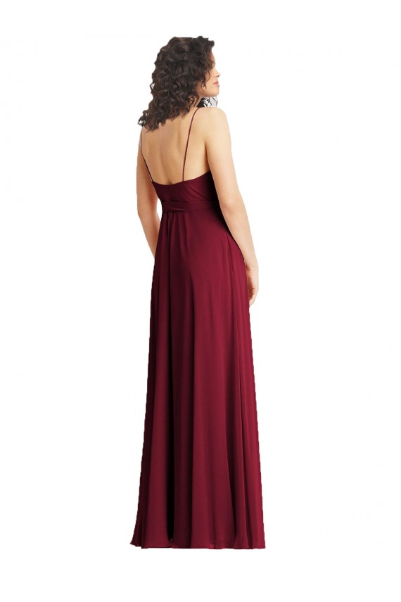 Vert fumée Trompette Bretelles spaghetti Col V Mousseline Longue Formelles Robes demoiselle d'honneur / Robes de soirée à Vendre