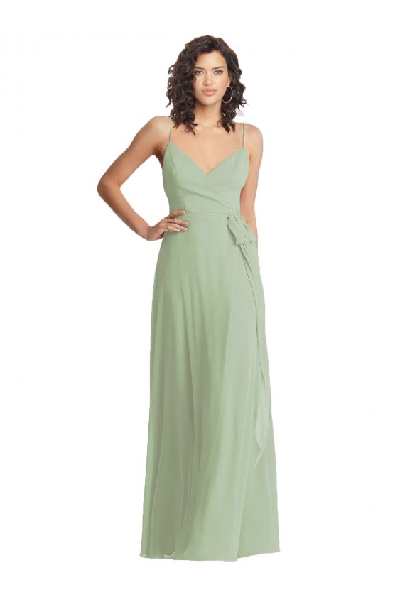 Vert fumée Trompette Bretelles spaghetti Col V Mousseline Longue Formelles Robes demoiselle d'honneur / Robes de soirée à Vendre