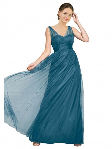 Vert sarcelle Trapèze Col V Tulle Longue Robes demoiselle d'honneur à Vendre