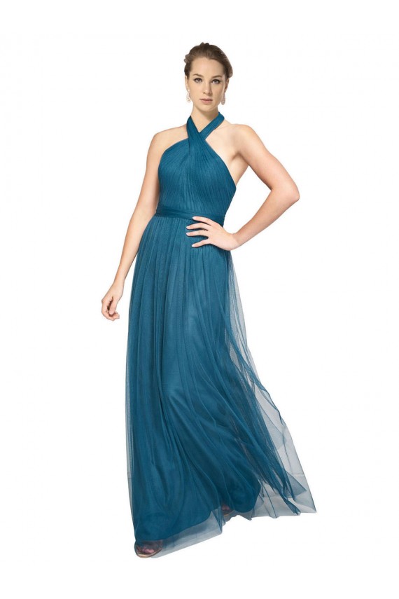 Vert sarcelle Trapèze Licou Col Haut Tulle Longue Robes demoiselle d'honneur à Vendre